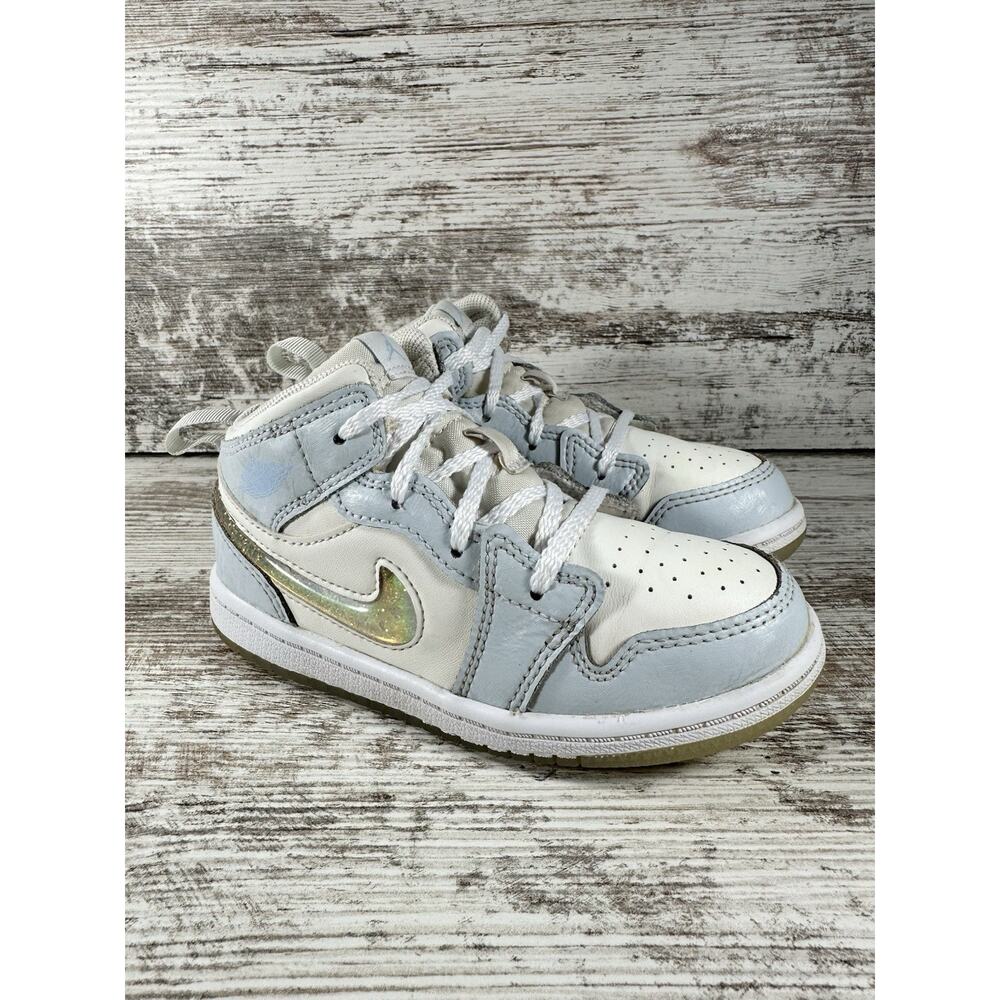 Toddler Nike Air Jordan 1 Mid SE 'Glitter Swoosh' Blue/White Sneakers Sz 9C